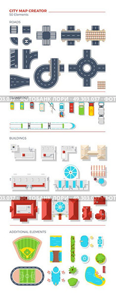 City Map Creator Top View. City map creator of top view elements grouped by roads transport buildings and additional objects vector illustration. Стоковая иллюстрация, агентство Ingram Publishing / Фотобанк Лори