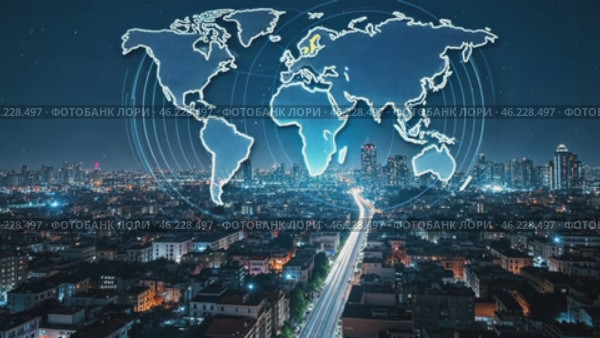 City skyline is lit up at night with a blue globe in the center. Стоковое AI-видео, аниматор Sergey Grishin / Фотобанк Лори