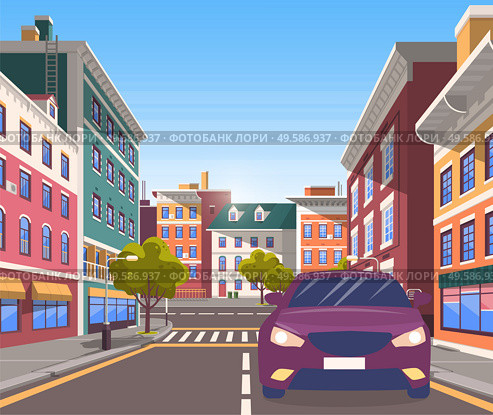 City street with car on it. Modern cityscape with road and pedestrian crossings for citizens, decorative trees and developed infrastructure. Vehicle riding along houses. Vector in isometric 3D style. City Center Road with Transport in Motion Vector. Стоковая иллюстрация, агентство Ingram Publishing / Фотобанк Лори