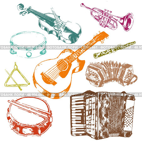 Classic musical concert instruments icons set of key accordion fiddle drum color doodle sketch vector isolated illustration. Стоковая иллюстрация, агентство Ingram Publishing / Фотобанк Лори