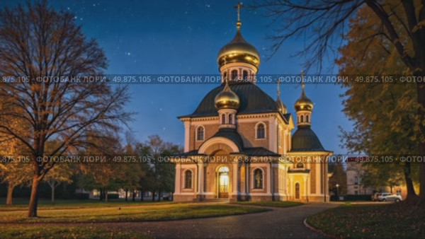 Classic white Orthodox church with golden domes surrounded by bare trees in a foggy park. Peaceful and serene atmospheric scenery, autumn night vibes. Стоковое AI-видео, аниматор Sergey Grishin / Фотобанк Лори