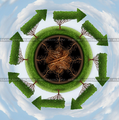 Clean the air environment and conservation concept with a group of global arrow trees going round in a circle as a nature symbol of cleaning the globe of pollution and toxins through a natural cycle. Стоковое фото, агентство Ingram Publishing / Фотобанк Лори