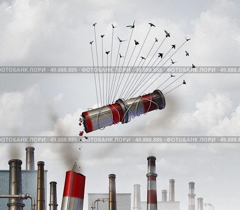 Clean the environment and emmission control environmental concept as a group of birds lifting up and removing an industrial smoke stack with dirty soot and smoke as a global climate change symbol for cleaning the air. Стоковое фото, агентство Ingram Publishing / Фотобанк Лори