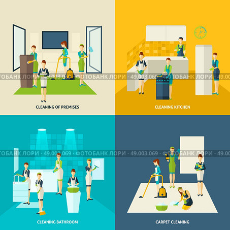 Cleaning In Rooms Flat Icons Set. Kitchen bathroom and carpet cleaning design concept with woman figures flat icons set isolated vector illustration. Стоковая иллюстрация, агентство Ingram Publishing / Фотобанк Лори
