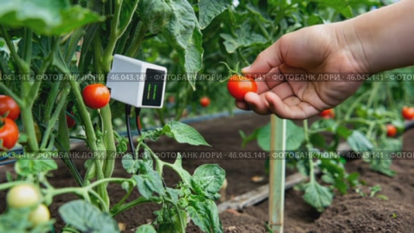 Cleaning ripe tomatoes in a lush greenhouse garden with an installed smart soil moisture sensor. Стоковое AI-видео, аниматор Zakharova Natasha / Фотобанк Лори