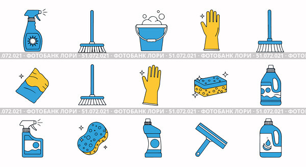 Cleaning tools icons in blue and yellow featuring spray bottles, gloves, brushes, and sponges. Cleaning tools include essential items for household chores like scrubbing, mopping, and wiping. Стоковое AI-изображение, AI-художник Ольга Березина / Фотобанк Лори