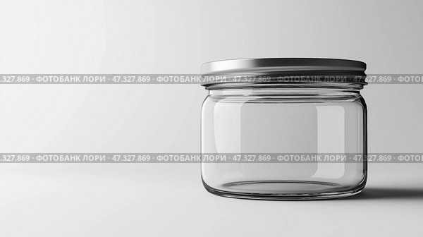 Clear glass jar on a plain background with a silver lid, copy space. Прозрачная стеклянная банка на простом фоне с серебряной крышкой, место для текста. Стоковое AI-изображение, AI-художник Katsiaryna Repich / Фотобанк Лори