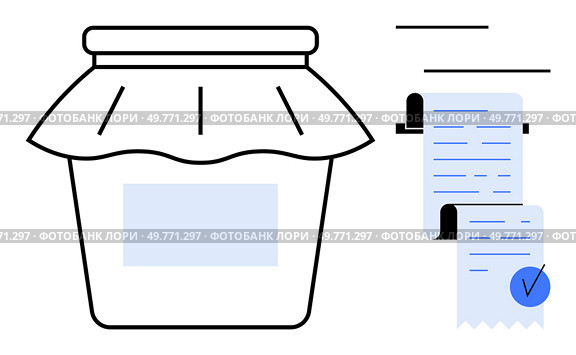 Clear mason jar with cloth cover alongside a checklist on rolled paper. Ideal for kitchen organization, canning, recipe management, to-do lists, and grocery planning. Minimal and clean design. Mason Jar with Cloth Cover and Checklist on Paper. Стоковая иллюстрация, агентство Ingram Publishing / Фотобанк Лори