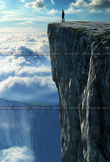 Cliffside dawn. Man is taking a risk near the edge of a mountain. Стоковое AI-изображение, AI-художник Людмила Лесовая / Фотобанк Лори