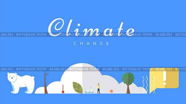 Climate change vector banner template. North Pole, melting glaciers, polar bear on ice floe. Global warming, sea level rise, nature damage. World Environment day. Ecology hazards, air pollution. Climate change vector banner template. North Pole, melting glaciers, polar bear on ice floe. Стоковая иллюстрация, агентство Ingram Publishing / Фотобанк Лори