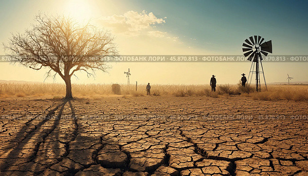 Climate crisis - parched desert landscape reflecting water scarcity. Стоковое AI-изображение, AI-художник Анна Маркина / Фотобанк Лори