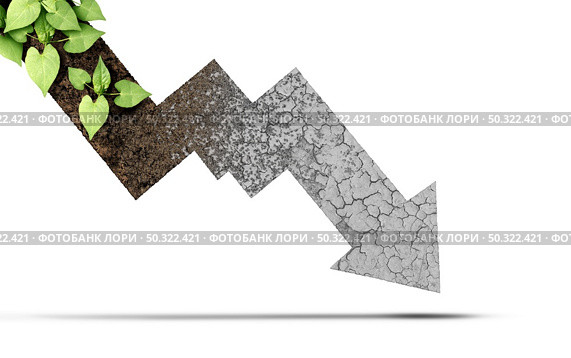 Climate decline and environmental change cycle as a dried or dry cracked land suffering from drought turning into rich moist organic earth with a growing young plant shaped as a downward arrow as a composite. Стоковое фото, агентство Ingram Publishing / Фотобанк Лори