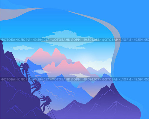 Climbing on mountain. Silhouette traveling people. Vector illustration hiking and climbing team. Squad of three mountaineer alpinists with backpacks climb the slope of the mountain with a taut rope. Climbing on mountain. Squad of three mountaineer alpinists with backpacks climb the slope. Стоковая иллюстрация, агентство Ingram Publishing / Фотобанк Лори
