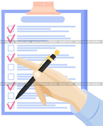 Clipboard with checklist, daily plan with tick marks. Human hand points to checklist, to do list. Check sheet, scheduling timetable, planning schedule, time management, task completed concept. Human hand points to checklist, to do list. Check sheet, scheduling timetable, planning schedule. Стоковая иллюстрация, агентство Ingram Publishing / Фотобанк Лори