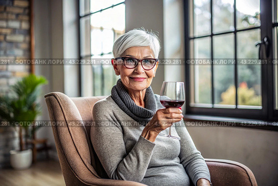 Close-up. A modern, stylish, elderly woman with short hair with a glass of red wine in an armchair in the living room of the house. Стоковое AI-изображение, AI-художник Photojuli / Фотобанк Лори