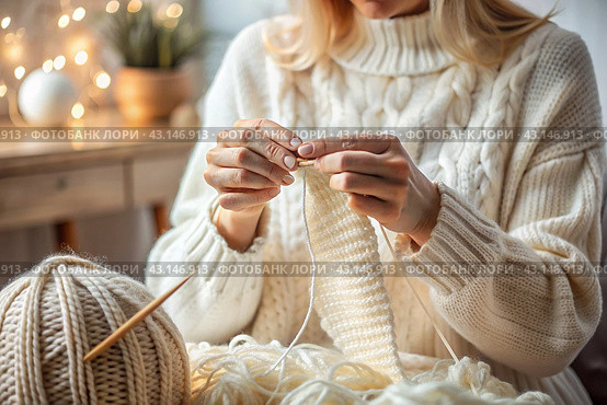 Close-up. A woman with balls of yarn knits a warm sweater in white and beige tones in her hands. Needlework, knitting. Winter season, small business, handmade clothes. Стоковое AI-изображение, AI-художник Photojuli / Фотобанк Лори