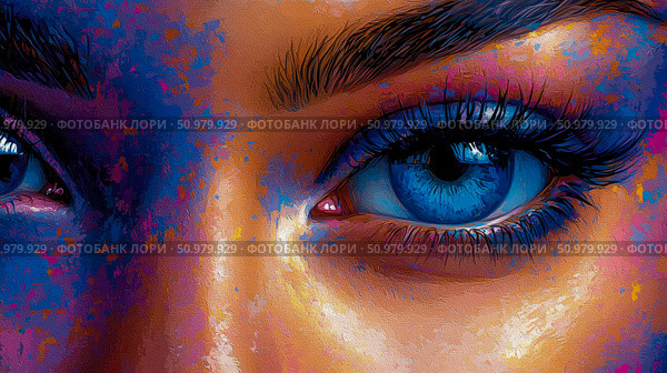 Close-up Abstract Painting of Woman's Eyes with Vibrant Blue Irises and Textured Background. Стоковое AI-изображение, AI-художник Данила Большаков / Фотобанк Лори