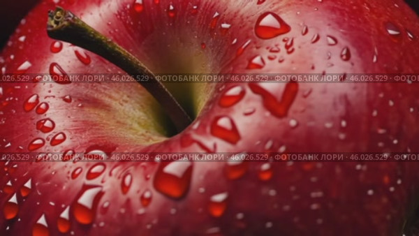 Close-up image of a ripe juicy red apple covered in dew drops. Dark red apple with water droplets on it, macro. Fresh organic fruit banner. Apples background. Shiny fruit, healthy, nutrition. Стоковое AI-видео, аниматор Марина Демидюк / Фотобанк Лори