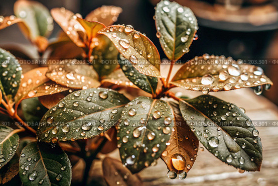 Close-up macro shot of red-green leaves, drops of water on the leaves. The texture. Стоковое AI-изображение, AI-художник Photojuli / Фотобанк Лори