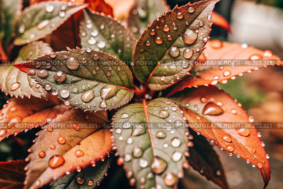 Close-up macro shot of red-green leaves, drops of water on the leaves. The texture. Стоковое AI-изображение, AI-художник Photojuli / Фотобанк Лори