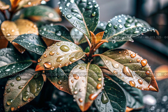 Close-up macro shot of red-green leaves, drops of water on the leaves. The texture. Стоковое AI-изображение, AI-художник Photojuli / Фотобанк Лори