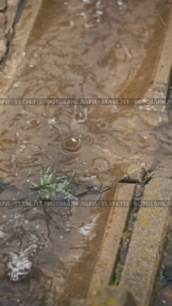 Close-up of a concrete gutter with a stream of rainwater. Slow motion footage of rain. A stream of water running down the storm drain. Стоковое видео, видеограф Воловодов Владимир / Фотобанк Лори