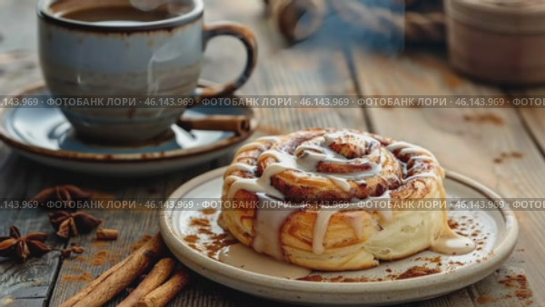 Close-up of a freshly baked cinnamon roll with a steaming hot coffee cup next to it on wooden cafe table. Sweet cinnamon buns American cuisine. Cinnabon with spices and vanilla cream sauce. Breakfast. Стоковое AI-видео, аниматор Марина Демидюк / Фотобанк Лори
