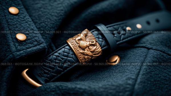 Close-up of a luxurious dark blue textured fabric, adorned with gleaming golden buttons and a black leather strap featuring an intricately carved gold buckle, highlighting rich textures and elegant details. Стоковое AI-изображение, AI-художник Данила Большаков / Фотобанк Лори