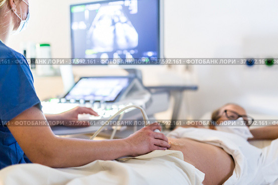 Close up of a pregnant woman having ultrasound scanning at the medical clinic. Healthcare and medicine concept. Стоковое фото, фотограф Matej Kastelic / Фотобанк Лори