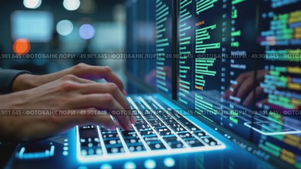 Close up of a programmer typing on an illuminated keyboard. Concept of software development, coding, and cybersecurity in a futuristic environment. Стоковое AI-видео, аниматор Sergey Grishin / Фотобанк Лори