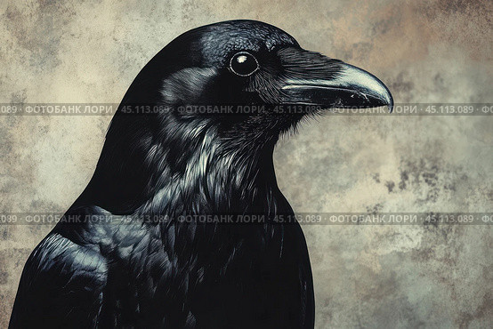 Close-up of a raven with deep black feathers against a neutral textured background. The raven is depicted with detailed feathering that shimmers in the light. This creates a sense of grandeur and symbolism, associated with wisdom, mysticism and solitude. The simplicity of the composition and the neutral background emphasize the main character of the photograph - the bird. Стоковое AI-изображение, AI-художник Анна Кривицкая / Фотобанк Лори