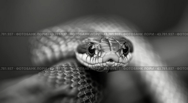 Close-Up of a Snake's Head in Black and White, Displaying Intricate Scales and Features. Стоковое AI-изображение, AI-художник Юлия Гапеенко / Фотобанк Лори