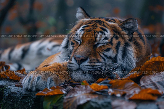 Close up of a tiger lying on the ground covered with fallen leaves,    Generative AI. Стоковое AI-изображение, AI-художник Анна Кривицкая / Фотобанк Лори