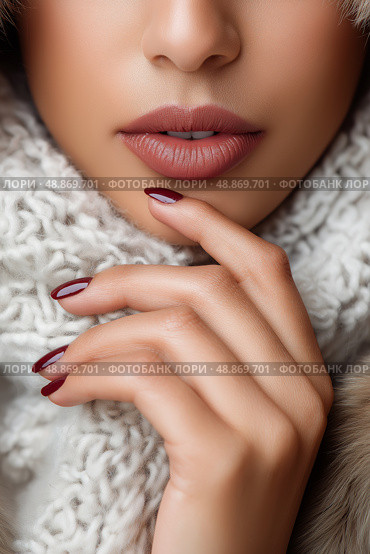 Close-up of a woman with winter fashion, showcasing her lips and nails. Крупный план женщины в зимней одежде, демонстрирующей губы и ногти. Стоковое AI-изображение, AI-художник Katsiaryna Repich / Фотобанк Лори