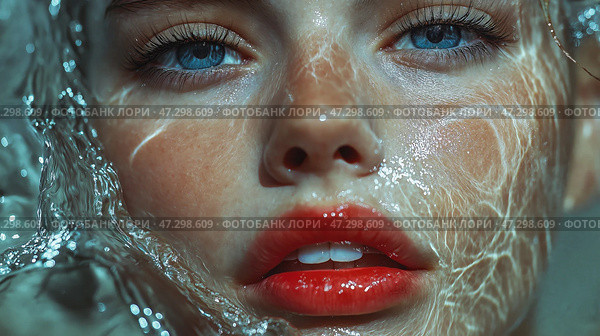 Close-up of a young woman submerged in water showcasing beauty and serenity. Крупный план молодой женщины, погруженной в воду, демонстрирует красоту и безмятежность. Стоковое AI-изображение, AI-художник Katsiaryna Repich / Фотобанк Лори