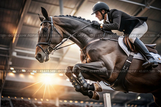 Close-up of an Olympic horse and rider jumping over an obstacle in an open arena, equestrian sport. The concept of the Summer Olympic Games. Стоковое AI-изображение, AI-художник Photojuli / Фотобанк Лори