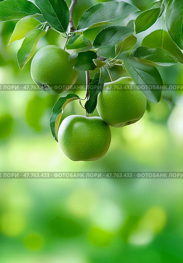 Close-up of apple tree branch with three green apples against blurry background. Bokeh effect. Стоковое AI-изображение, AI-художник Катерина Ковалева / Фотобанк Лори