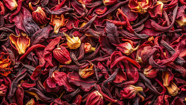 Close Up of Dried Tea and Hibiscus Flowers. Generative AI. Стоковое AI-изображение, AI-художник Roman Zavorotny / Фотобанк Лори