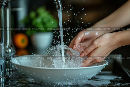 Close up of female hands washing dishes in a modern kitchen with water splashes. Крупный план женских рук, моющих посуду на современной кухне, с брызгами воды. Стоковое AI-изображение, AI-художник Katsiaryna Repich / Фотобанк Лори