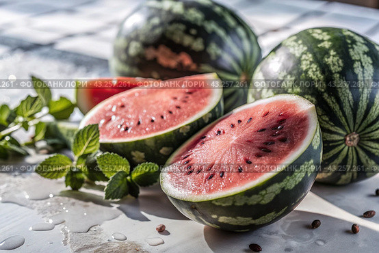 Close-up of fresh watermelon berries. Delicious berries and fruits of bright red color with drops of water. Vegetarianism. Healthy eating. Fresh fruits on the table. Стоковое AI-изображение, AI-художник Photojuli / Фотобанк Лори