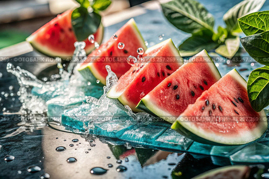 Close-up of fresh watermelon berries. Delicious berries and fruits of bright red color with drops of water. Vegetarianism. Healthy eating. Fresh fruits on the table. Стоковое AI-изображение, AI-художник Photojuli / Фотобанк Лори