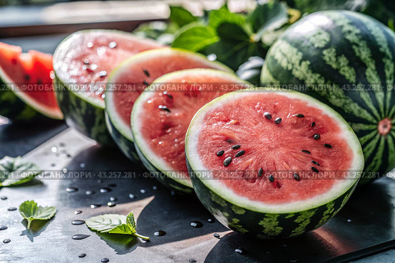 Close-up of fresh watermelon berries. Delicious berries and fruits of bright red color with drops of water. Vegetarianism. Healthy eating. Fresh fruits on the table. Стоковое AI-изображение, AI-художник Photojuli / Фотобанк Лори