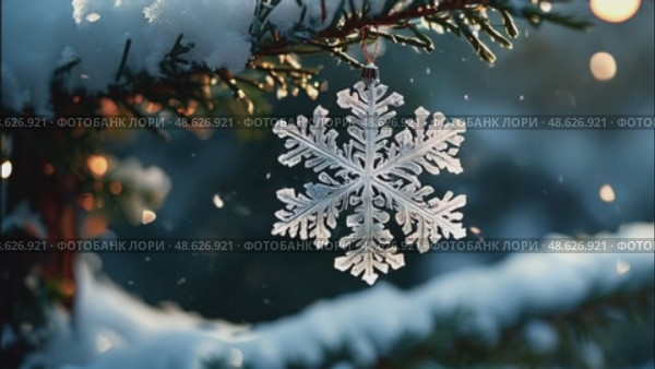 Close-Up of Frosted Snowflake Ornament Hanging on Snowy Pine Branch in Winter. Стоковое AI-видео, аниматор Лариса Пономарева / Фотобанк Лори