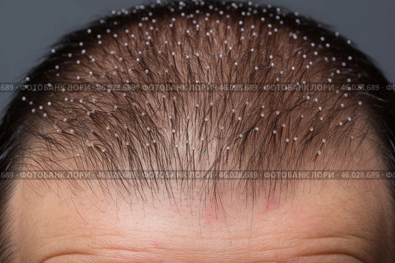 Close up of hair showing signs of dandruff and dry scalp. Стоковое AI-изображение, AI-художник Иван Рябоконь / Фотобанк Лори