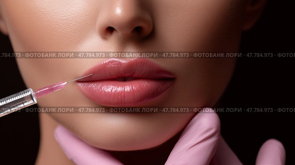 Close-Up of Lip Filler Injection – Needle and Syringe Procedure on Woman's Lips. Филлер для губ - один из самых популярных видов дермальных наполнителей, которые вводятся в губы женщины иглой и шприцем крупным планом. Стоковое AI-изображение, AI-художник Katsiaryna Repich / Фотобанк Лори