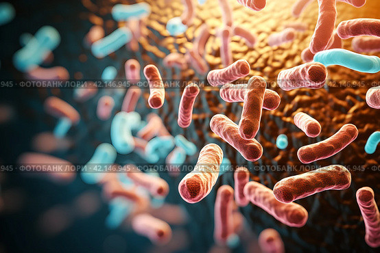 Close-up of multi-colored 3D bacteria under a color scanning electron micrograph. Стоковое AI-изображение, AI-художник Виталий Сова / Фотобанк Лори