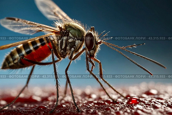 Close-up of striped mosquito on human skin, sucking human blood. Mosquitoes (Aedes aegypti), close up, macro photo. Carriers of dengue fever and malaria concept. Gen ai illustrate. Copy ad text space. Стоковое AI-изображение, AI-художник Aleksandr Golubev / Фотобанк Лори