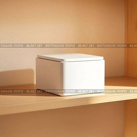 Close up of white storage box on wooden shelf. Стоковое AI-изображение, AI-художник Анастасия / Фотобанк Лори