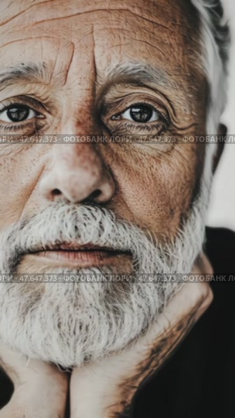 Close-up portrait of an elderly man, his face etched with wisdom and experience, revealing aging, strength, and contemplation. Стоковое AI-видео, аниматор Данила Большаков / Фотобанк Лори