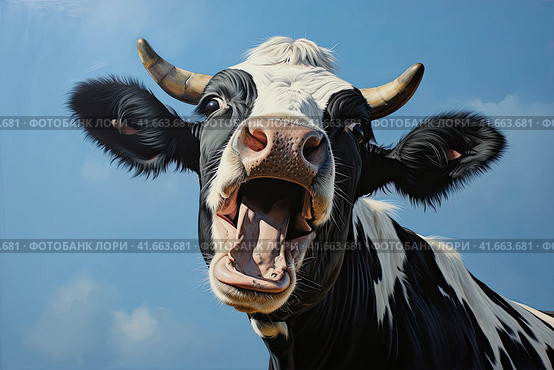 Close-up portrait of surprised cow on the pasture. Funny animal photo. Surprise expression and opened mouth. Стоковое AI-изображение, AI-художник Ярославский Максим / Фотобанк Лори